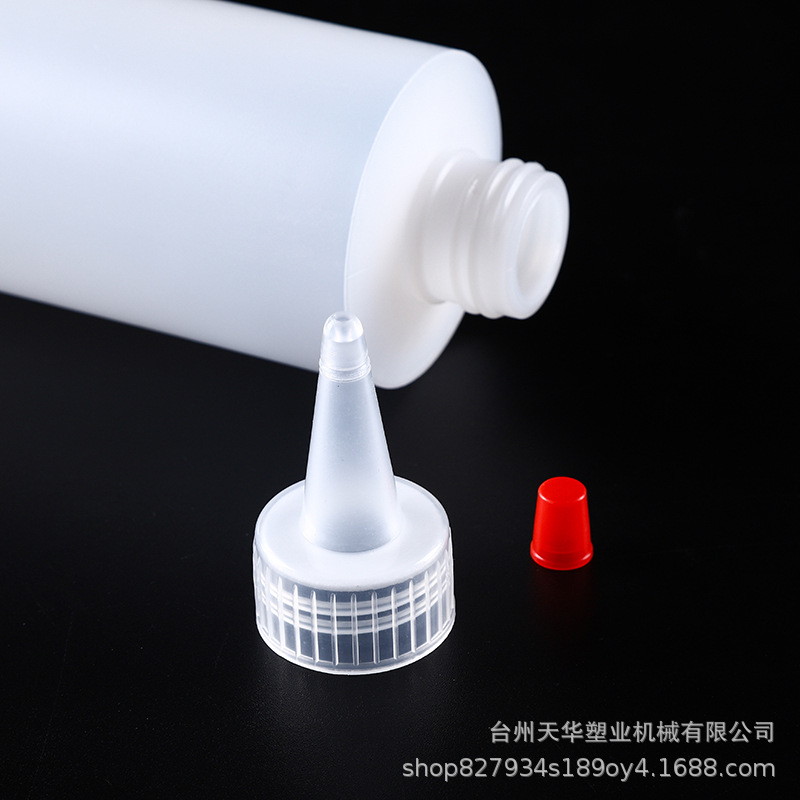 24-410 botella de plástico HDPE hombro plano botella de tapa boca puntiaguda botella cilíndrica tapa de cabeza roja transparente squeeze botella recta botella de plástico