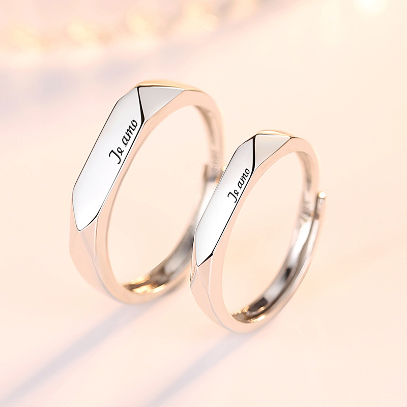 S925 anillo de pareja de plata para hombres y mujeres de plata de ley texto italiano te amo diamante cara boca abierta simple anillo de plata simple propuesta