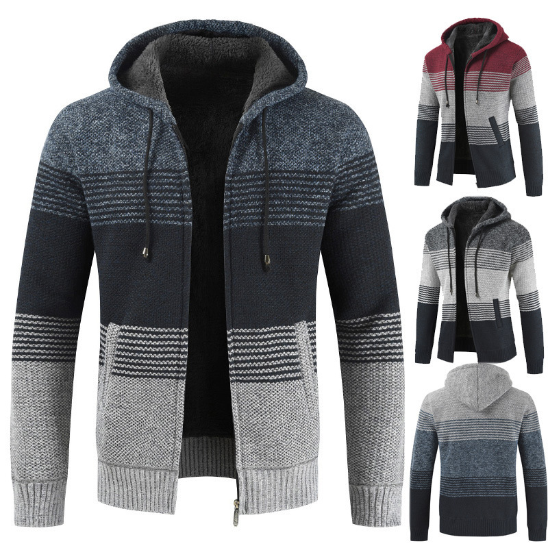 Venta al por mayor de ropa de hombre de comercio exterior otoño e invierno nuevo suéter de costura a juego de color chaqueta de punto chaqueta más suéter de costura de punto grueso de terciopelo