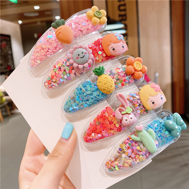 2022 nueva Corea del Sur horquilla colorida arena movediza PVC transparente clip lateral bebé lindo de dibujos animados BB clip tocado