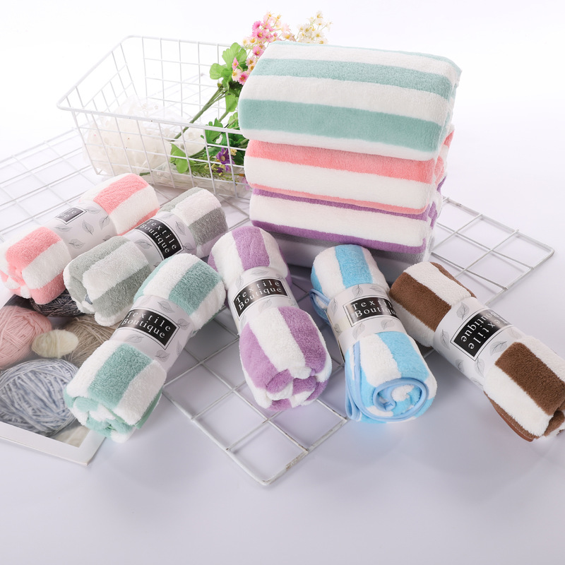 Manufacturer of Coral Fleece Cationic Striped Towels 35*75 for Export to Turkey, Wholesale Face Towels and Bath Towels