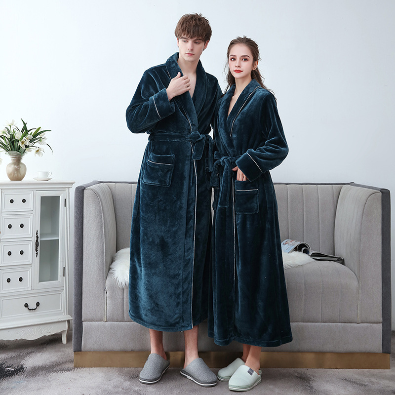 Autumn and Winter Flannel Thickened Fleece Lined Bathrobe Men's Extra Long Large Size Coral Fleece Nightgown Women's Pajamas for Winter Autumn and Winter Flannel Thickened Fleece Lined Bathrobe Men's Extra Long Large Size Coral Fleece Nightgown Women's Pajamas for Winter