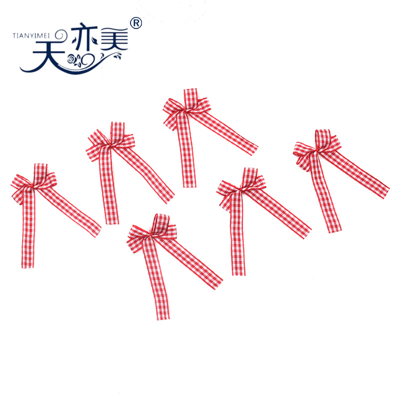 1cm rojo y blanco a cuadros cinta arco Yiwu fabricantes pueden hacer accesorios de ropa escocesa arco a cuadros