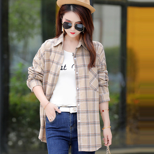 Women's mid-length plaid shirt spring and autumn new Korean version loose slim versatile women's shirt wholesale