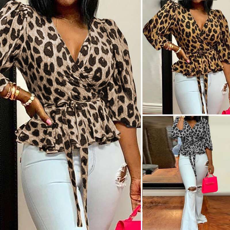 2024 cross-border wish Europe, America and ebay Amazon plus size V-neck long sleeve loose leopard print top women's clothing now