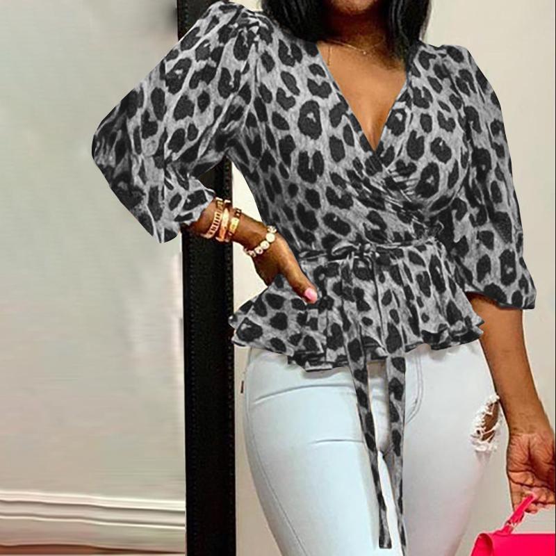 2024 cross-border wish Europe, America and ebay Amazon plus size V-neck long sleeve loose leopard print top women's clothing now