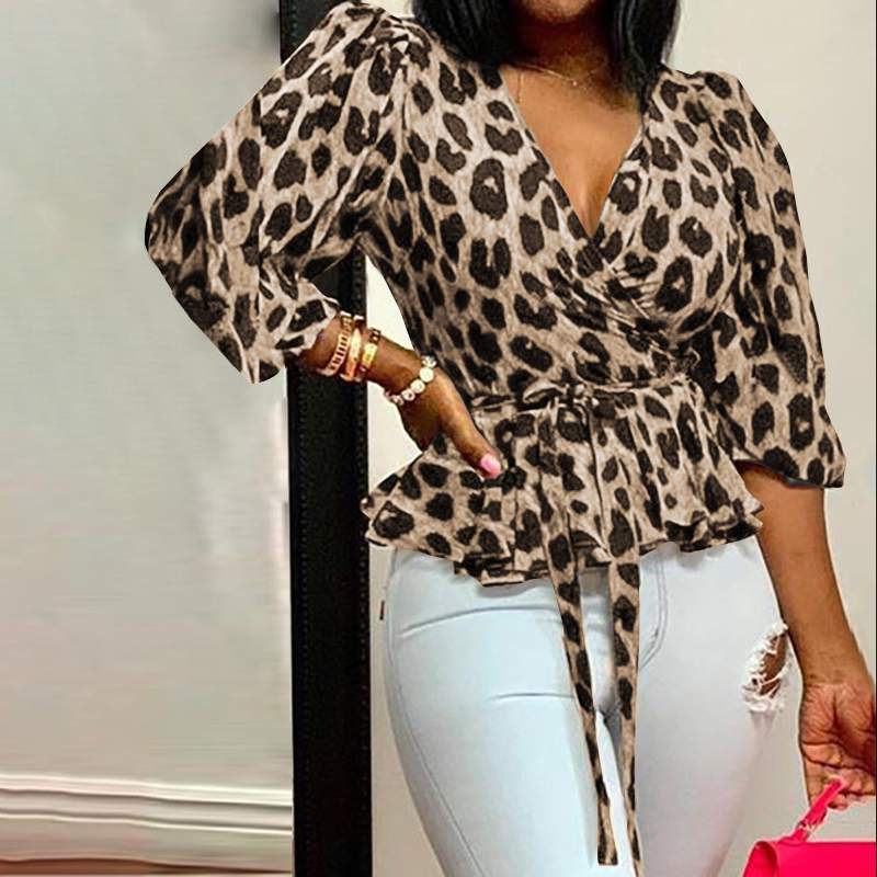 2024 cross-border wish Europe, America and ebay Amazon plus size V-neck long sleeve loose leopard print top women's clothing now