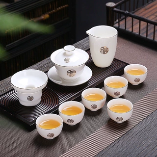 简约羊脂玉白瓷茶具盖碗品茗杯公道杯全套家用功夫泡茶陶瓷器皿