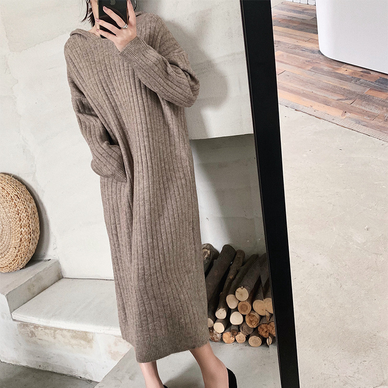 Long Autumn and Winter New Korean-style Vertical Stripe Loose Lazy Hooded Pullover Knitted Over-the-Knee Sweater Dress for Women