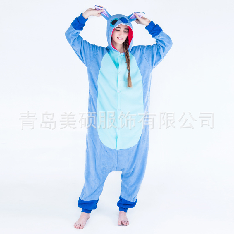 Wholesale Autumn and Winter Animal Cartoon Siamese Pajamas New Pink Blue Stitch Stitch Polar Fleece Couple