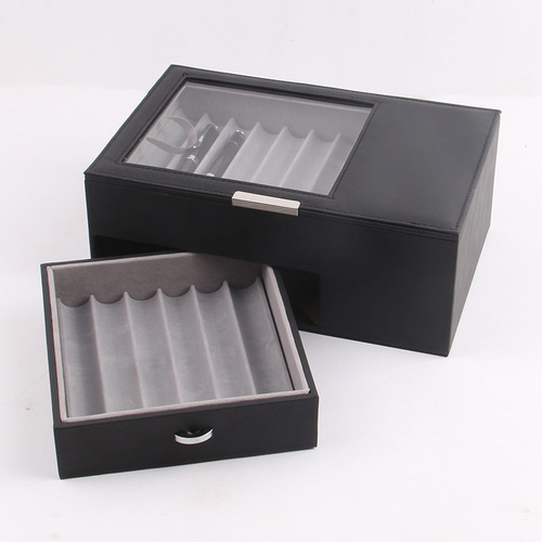 New 16-grid double-layer steel pen holder made of leather, 14-position PU pen storage box, stationery box