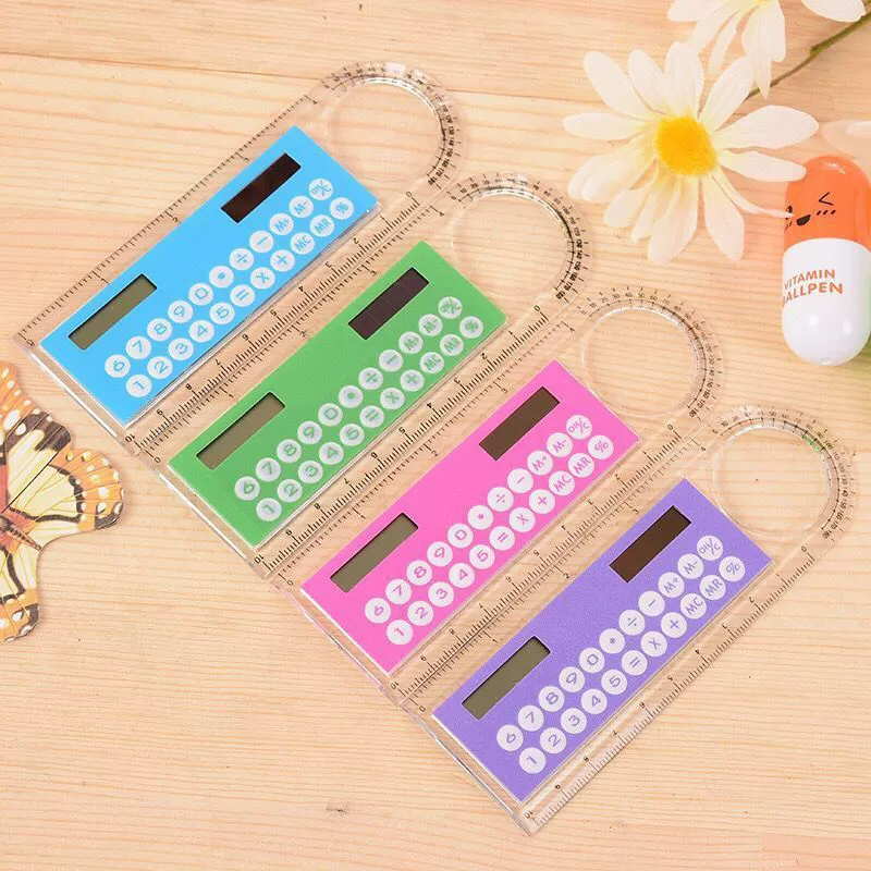 Оптовая мини-Цветная многофункциональная Студенческая линейка 10 см солнечный калькулятор угловая Лупа подарочные канцелярские принадлежности