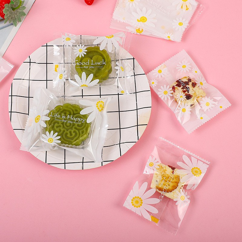 透明白底小雏菊雪花酥包装袋曲奇饼点心袋月饼机封袋100只糕点