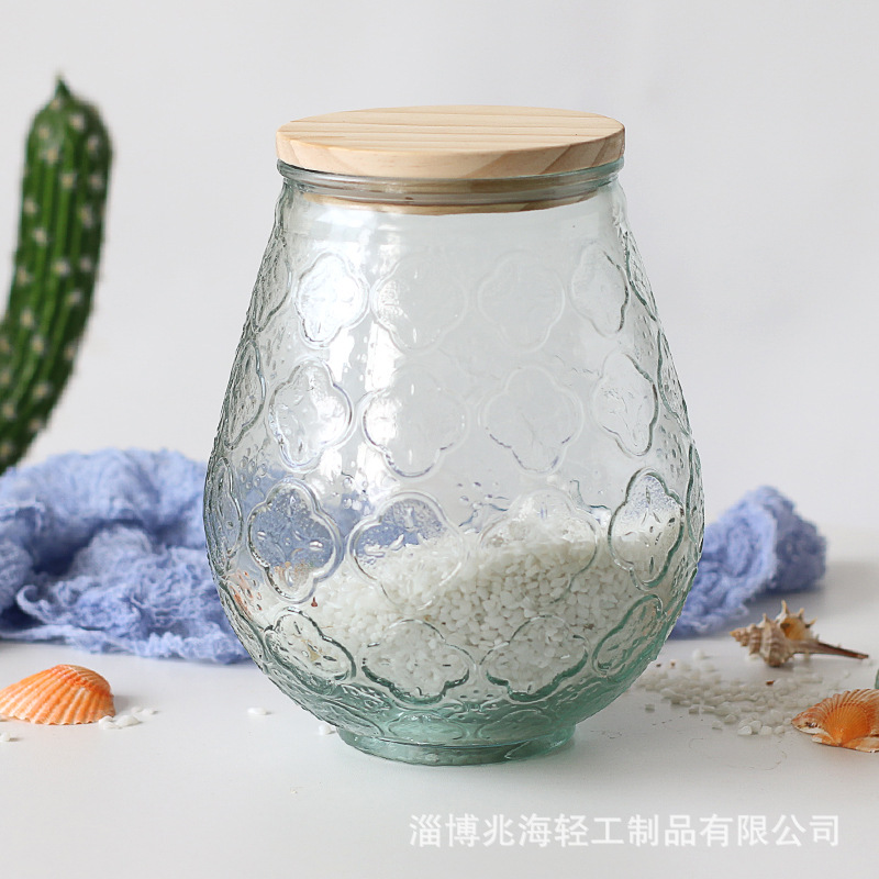 复古海棠花玻璃木盖压花储物罐大容量杂粮干果甜品陈列厨房装饰罐