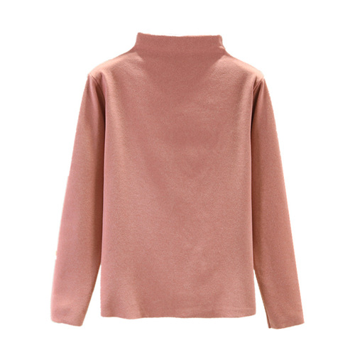 Women's Semi-High Collar Double-Sided Fleece Lining T-Shirt for Autumn/Winter, Thick Long-Sleeve T-Shirt with Warmth