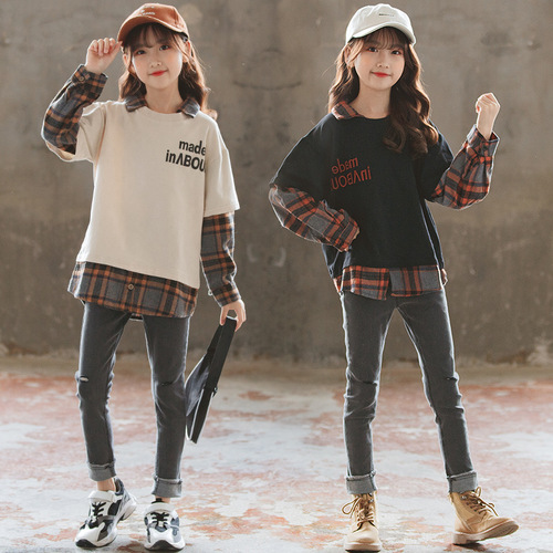 2024 New Autumn Clothes Korean Style Girls' Sweaters Black Plaid Apricot Plaid Cross-Border Casual Sports Girls' Sweaters