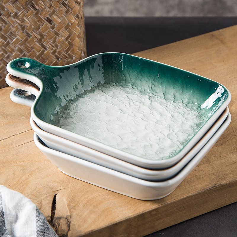 Nórdico simple vajilla de cerámica placa occidental hogar desayuno placa mango cuadrado creativo personalizado placa hornear pan