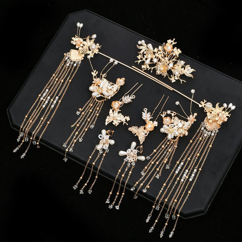 New Hanfu headwear, ancient style hairpins, bride Xiuhe clothing headwear, tassels, step shake set, ancient hairpins, hair accessories for women