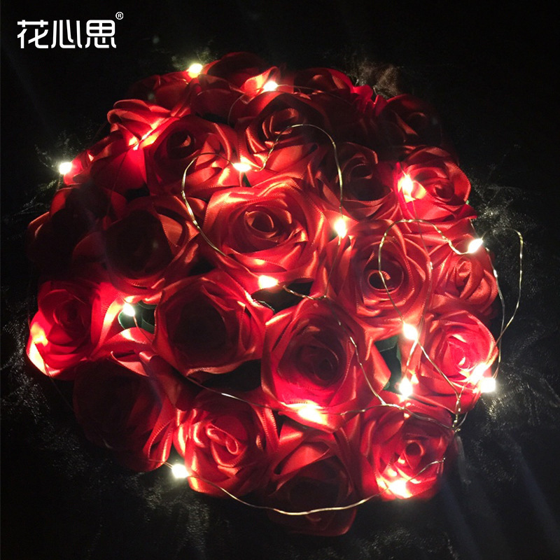 Decoración floral para el Día de San Valentín, luz ambiental, empaque de rosas, ramo de piruletas, luz de alambre de cobre, luz LED