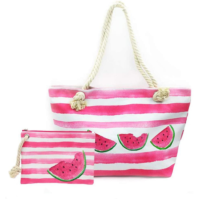 跨境电商爆款彩色印刷全涤帆布沙滩包 棉绳手提大小帆布包