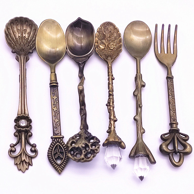 Traje de café estilo Palacio retro 6 supermercado pastel de frutas tenedor cuchara de flor de Granada pequeño tono más cuchara decorativa de bronce