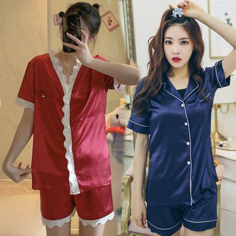 Imitation Silk Pajamas suit Short-sleeved Two-piece Silk Women's Sanding Home Clothes Cross-border E-commerce Agency for Amazon