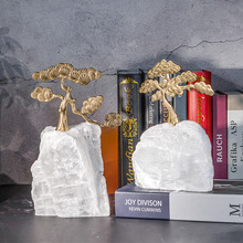 新中式轻奢摆件黄铜迎客松水晶矿石装饰品玄关桌面书柜创意摆件