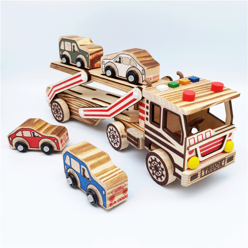 Flat double-deck transporter color truck simulation model home furnishings children's toys wooden crafts wholesale Flat double-deck transporter color truck simulation model home furnishings children's toys wooden crafts wholesale