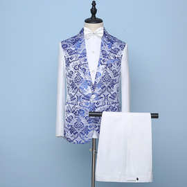 大码【两件套】绅士演出晚礼服印花西装西服套装休闲裤修身款