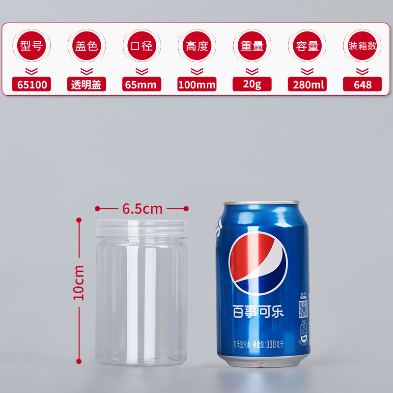 Fábrica en stock al por mayor botella de plástico para mascotas embalaje sellado tarro grado alimenticio cubierta transparente boca ancha Cubo de almacenamiento redondo