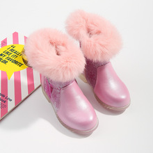 加绒保暖女童靴子2023秋冬新款圆头透明底儿童雪地靴艾莎公主短靴