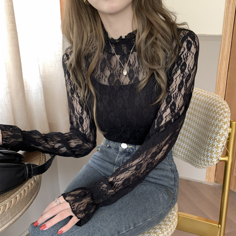 女性用ハーフタートルネックレイヤードレースボトムシャツ、水玉模様の春と秋の新作レディース長袖スタイルメッシュトップ