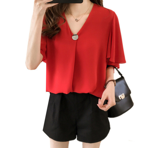 2025 Summer New Large Size Chiffon Shirt Loose Pleated Sleeve T-Shirt Top Slimming Short Sleeve Underwear 200 Pounds 