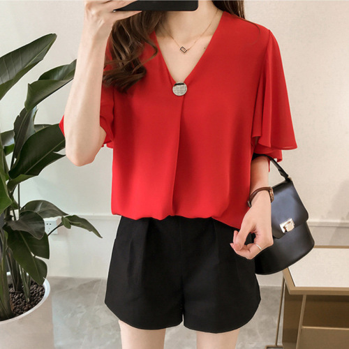 2025 Summer New Large Size Chiffon Shirt Loose Pleated Sleeve T-Shirt Top Slimming Short Sleeve Underwear 200 Pounds 