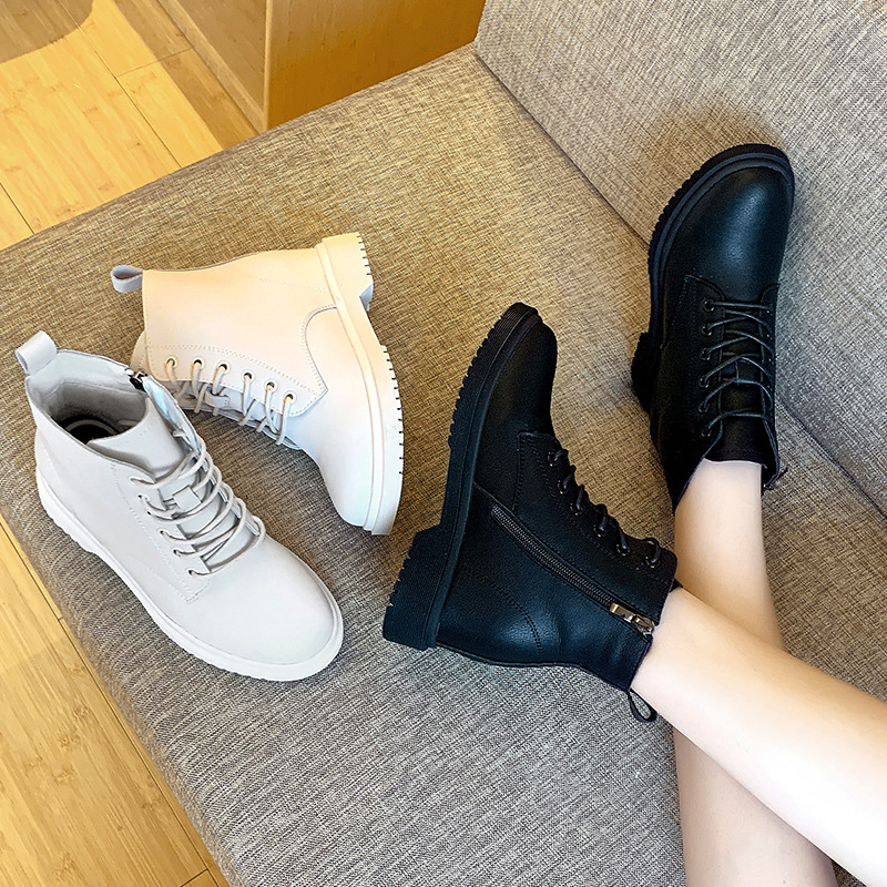 2024 New Style Height-Increasing Martin Boots for Women, Genuine Leather, Fleece-Lined, Chunky Heel Short Boots, Autumn and Winter Low Boots, Korean Style Women's Shoes