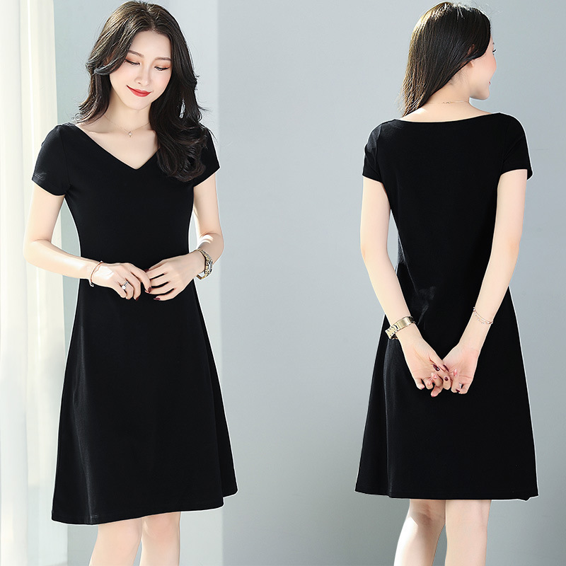 Black V-neck Short-sleeved Dress Women's 2022 New Arrival Careful A- line Dress Long All-match Slim-fit Skinny Black Dress
