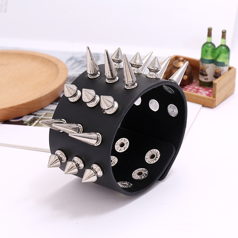 Creative and Unique Three-Row Spiked Punk-Style Wide Leather Bracelet, Unisex, Suitable for Bar and Street Dance Creative and Unique Three-Row Spiked Punk-Style Wide Leather Bracelet, Unisex, Suitable for Bar and Street Dance