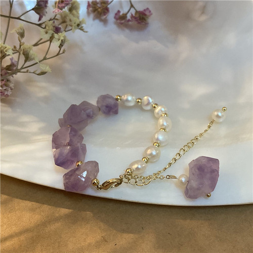 Niche design sense summer new amethyst stone simple natural stone pearl bracelet small fresh bracelet hand jewelry for women