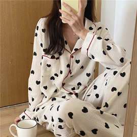 实拍2026秋季新款棉质睡衣女长袖开衫爱心家居服外贸两件套装批发