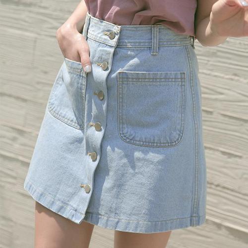 Women's Korean-style student button-down high-waisted denim short skirt for 2025 spring A-line denim bodycon skirt