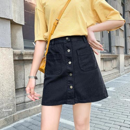 Women's Korean-style student button-down high-waisted denim short skirt for 2025 spring A-line denim bodycon skirt