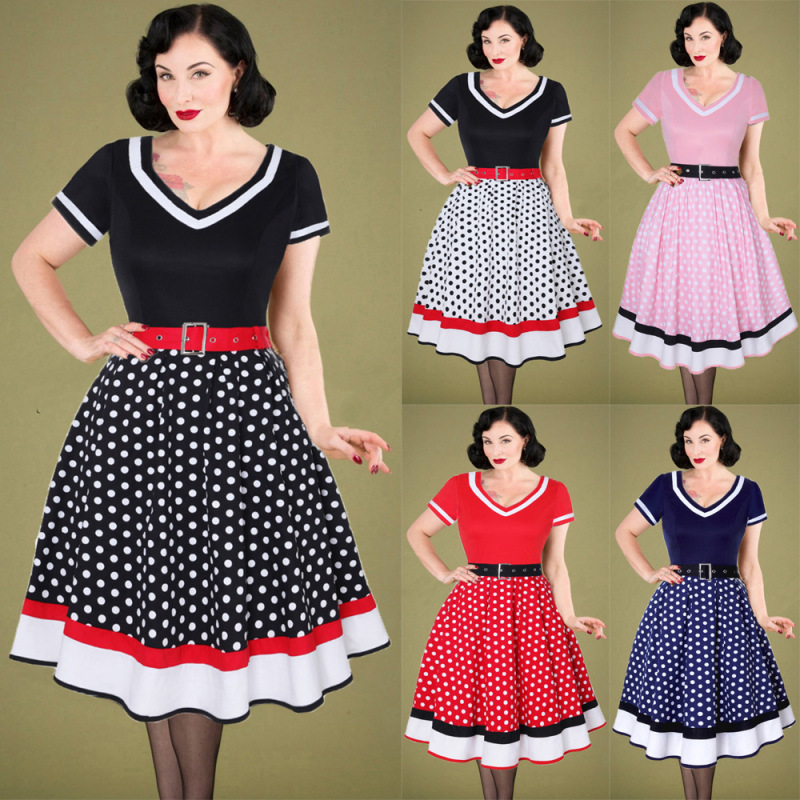 Customized ebay AliExpress Independent Station European and American Explosions Retro Hepburn Style Cotton V-Collar Wave Point 50s Large Pendulum dress Customized ebay AliExpress Independent Station European and American Explosions Retro Hepburn Style Cotton V-Collar Wave Point 50s Large Pendulum dress