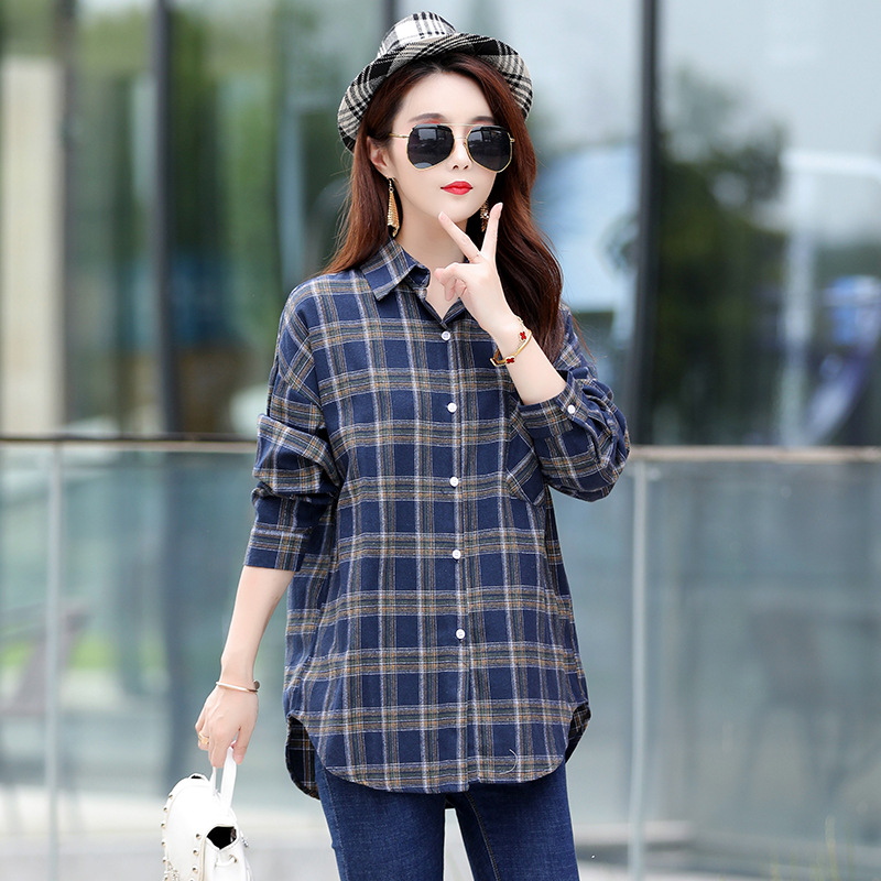 Women's spot long plaid shirt Spring and Autumn New Korean version of loose slim Joker women's shirt Women's wholesale