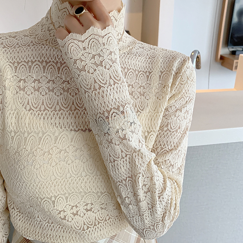 Spring Lace Mesh Inner Layer Fairy-Style Fresh and Sweet Top, Hollow-Out Base Shirt, Long-Sleeve Outerwear for Women with a High-End Feel