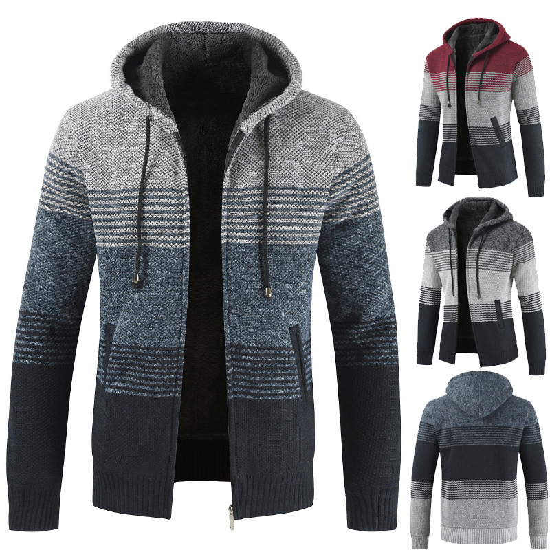 Venta al por mayor de ropa de hombre de comercio exterior otoño e invierno nuevo suéter de costura a juego de color chaqueta de punto chaqueta más suéter de costura de punto grueso de terciopelo