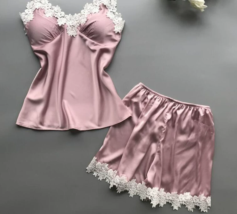 Пижамный набор для женщин, атласный лоскутный топ-с camisole и шорты, лето, расширенный размер (S–2XL)
