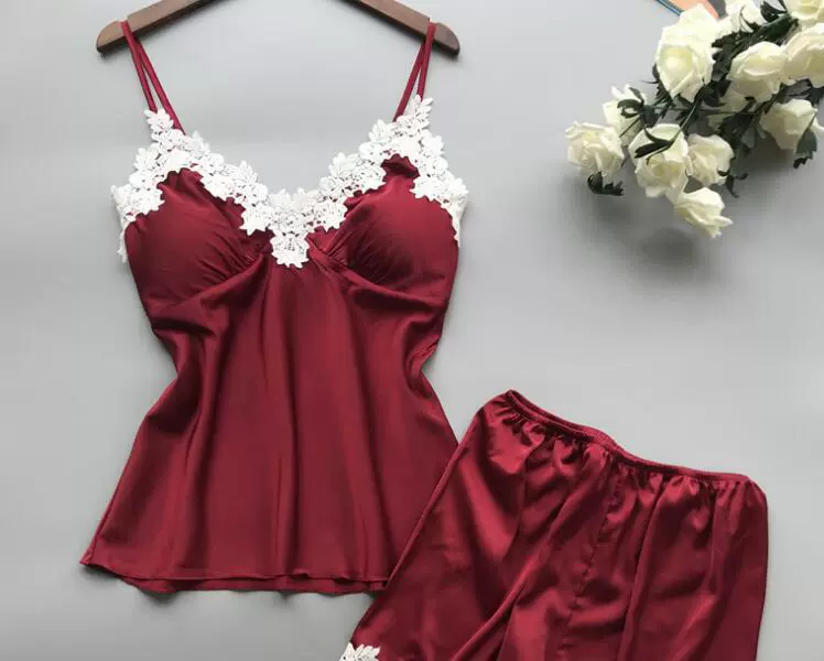 Пижамный набор для женщин, атласный лоскутный топ-с camisole и шорты, лето, расширенный размер (S–2XL)