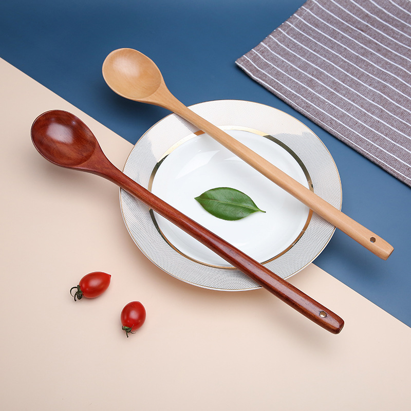 Cuchara de mango largo de estilo japonés de madera maciza vajilla para el hogar cuchara de sopa de pintura grande cuchara de mezcla de café preparada cuchara de madera de helado al por mayor