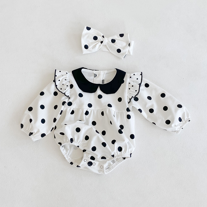 Ins2024 Spring Autumn Baby and Children's jumpsuit, women's baby polka dot long sleeved cotton triangle hoodie, crawling_voghion.com