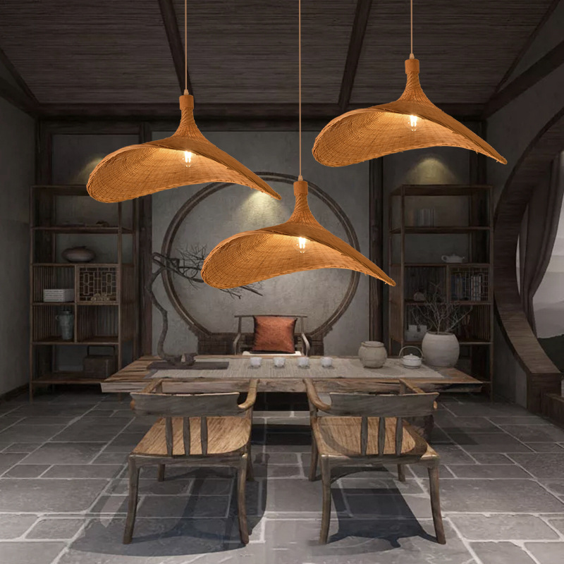 Nuevo estilo chino de bambú tejido de bambú araña creativa estilo japonés restaurante B & B lámpara Hotel Casa de Té olla caliente tienda lámpara de ratán